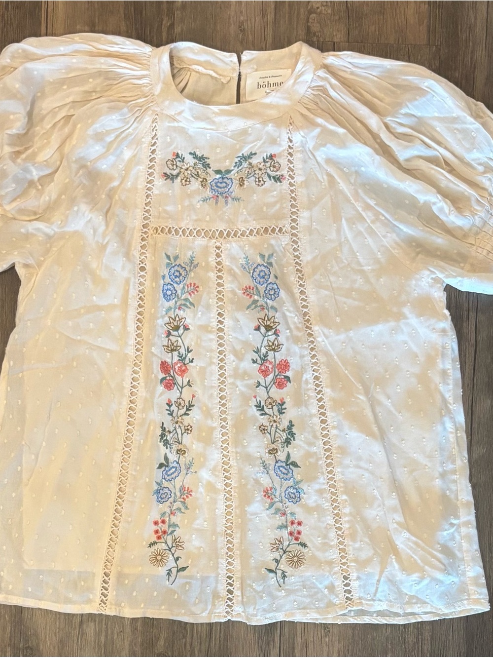Boheme White Embroidered Floral Swiss Dot Blouse